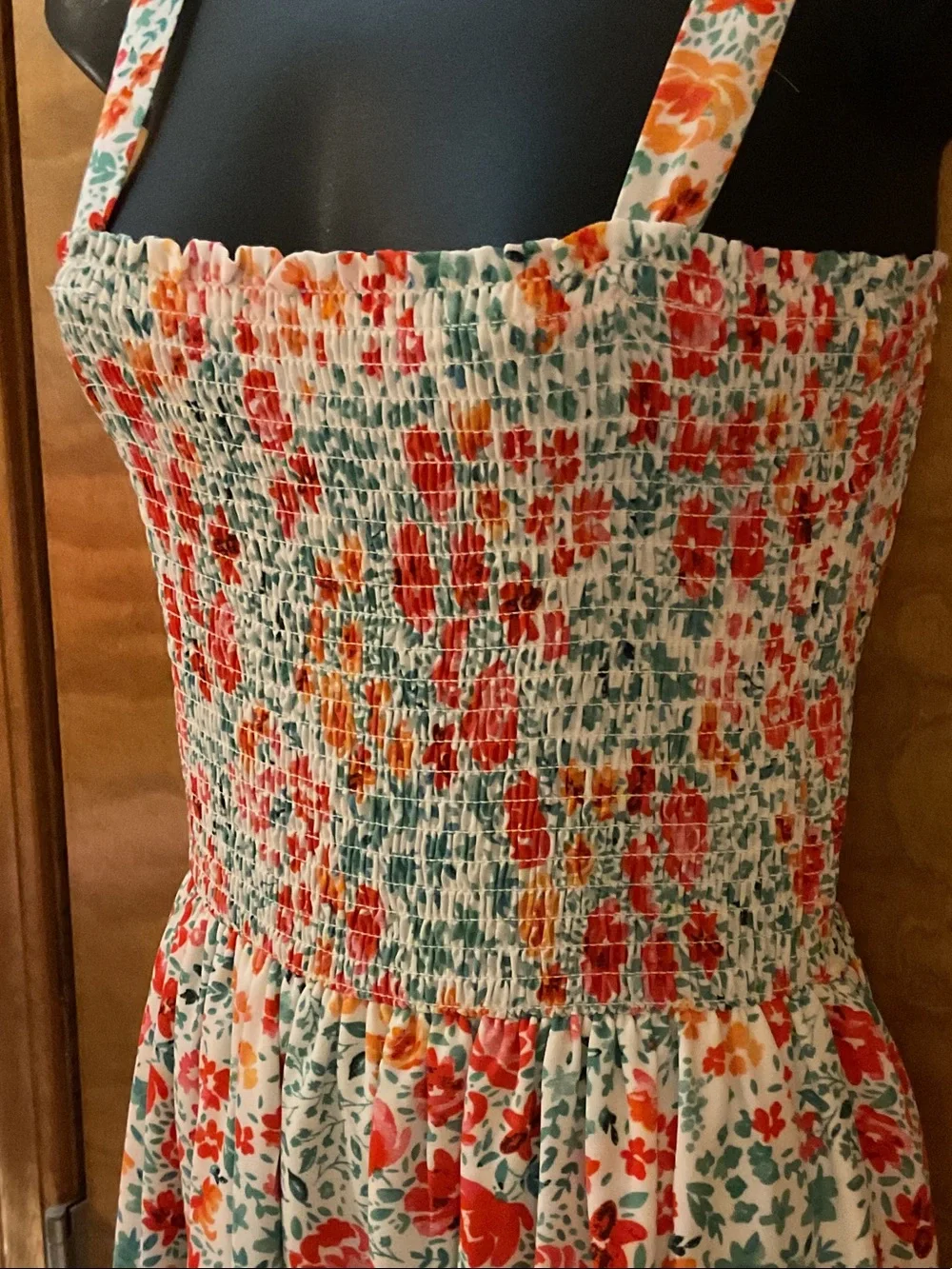 Girls Floral Smocked Sundress in Coral, Teal and Cream